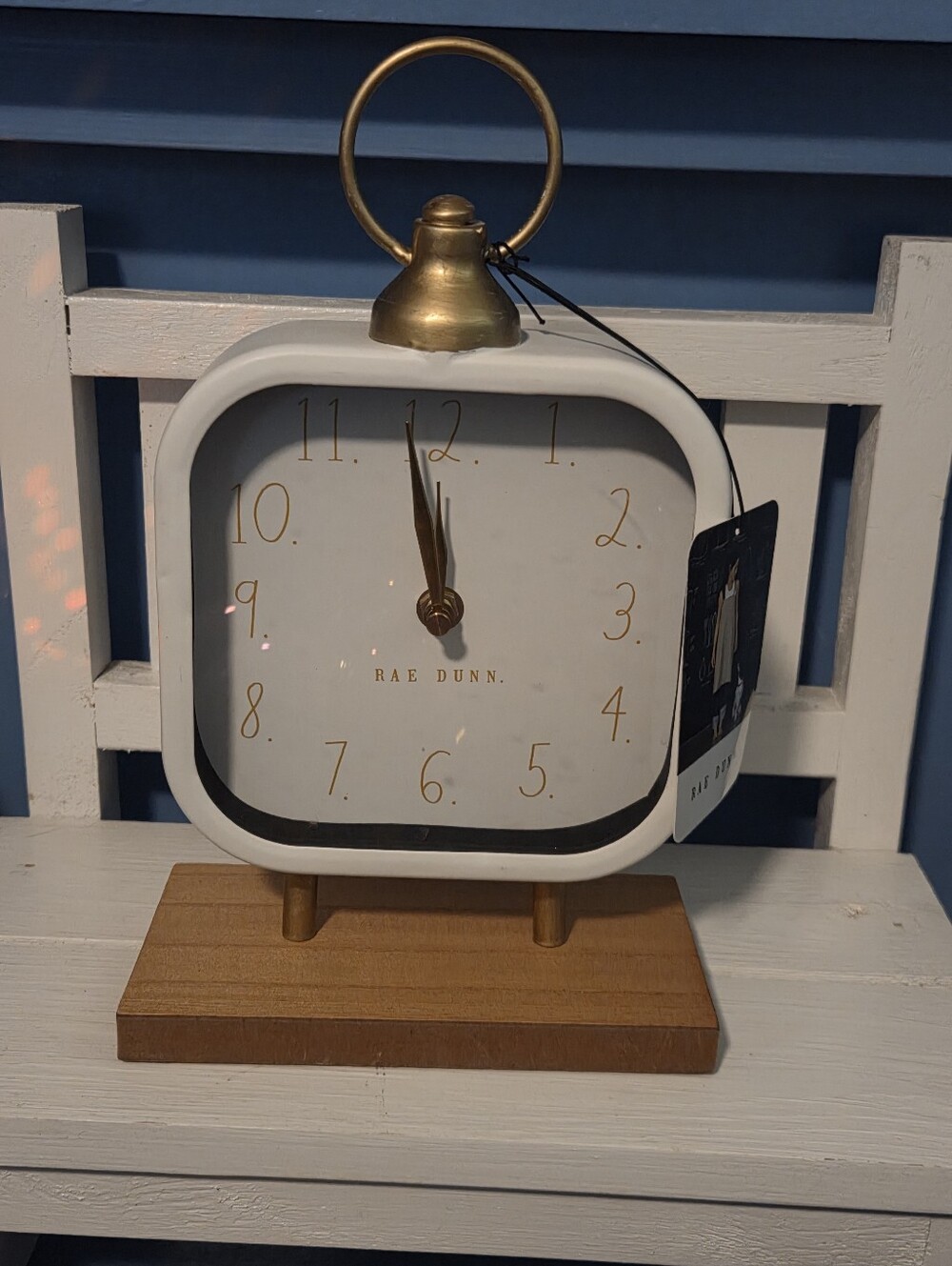 Rae Dunn White and Gold Accent Table Clock on Wood Base